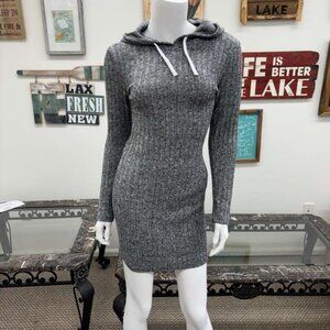 Gray Ribbed Knit Hoodie Dress – Long Sleeve Casual Bodycon Style